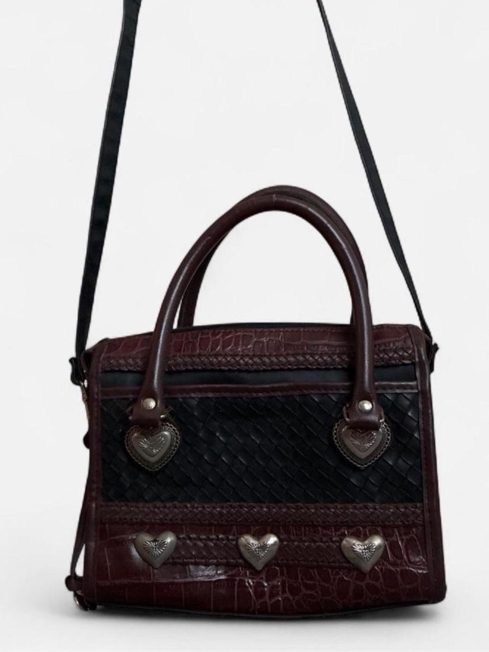 Vintage Brighton Burgundy and Black Heart-Trim Crossbody Satchel Bag